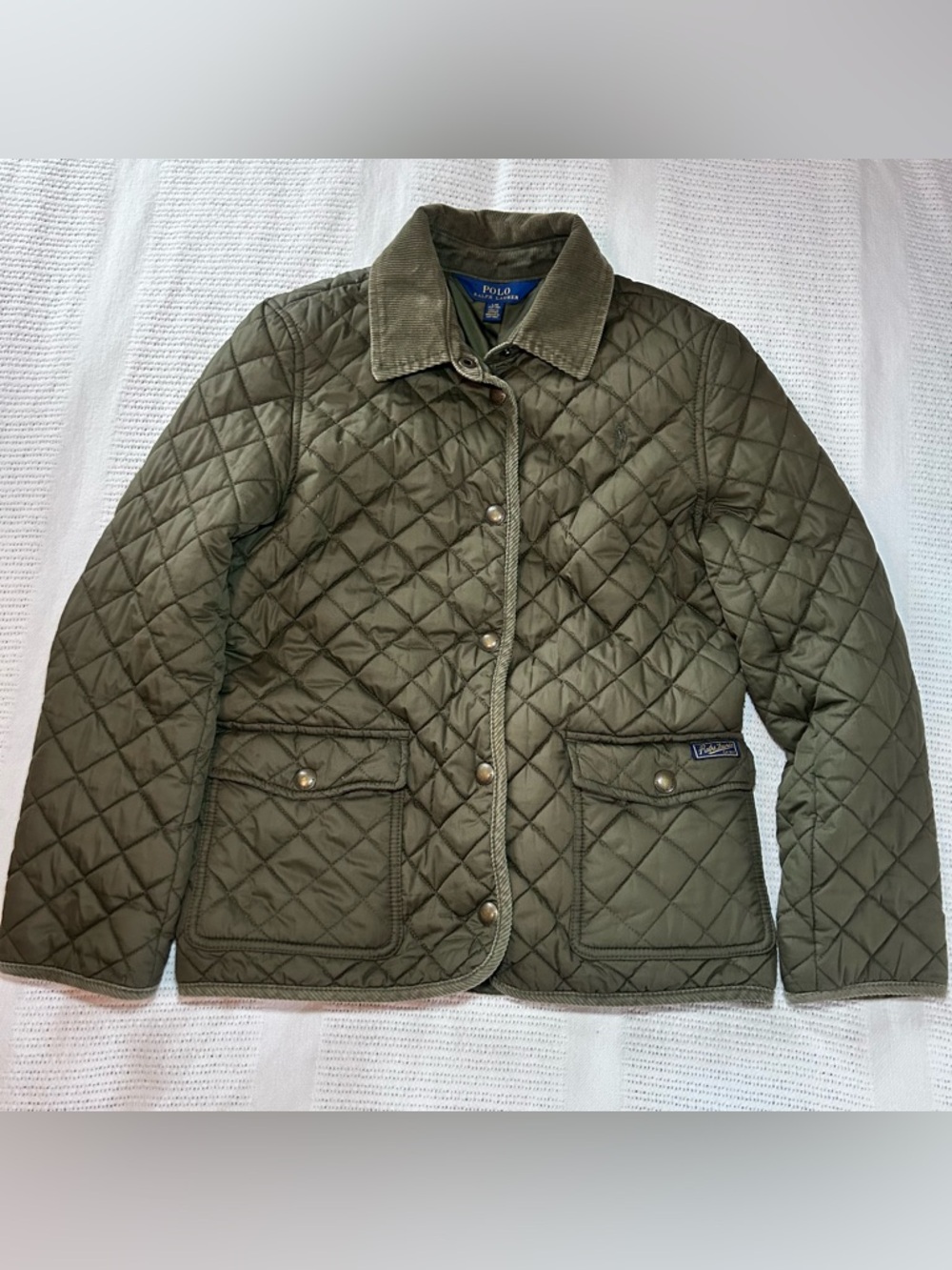 Girls L Polo Ralph Lauren Quilted Jacket Corduroy Collar Olive Green Size